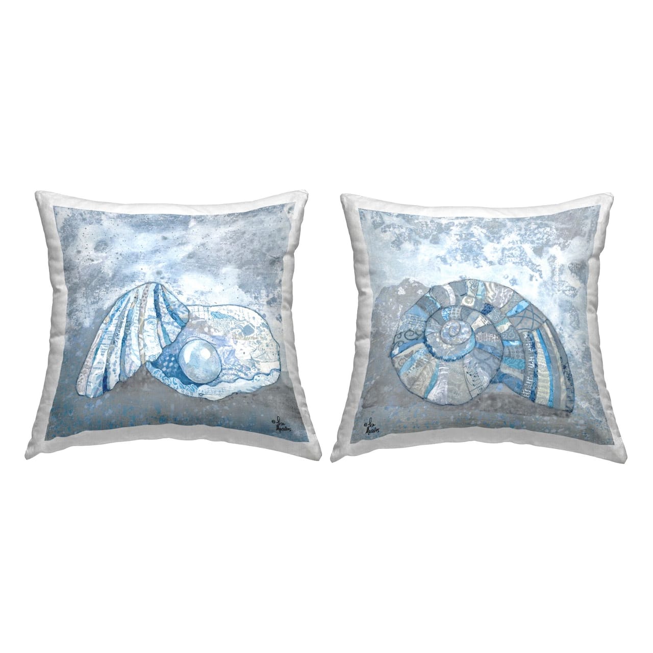 Stupell Industries Blue Collaged Clam Seashell Aquatic Beach Life 2 Pillow Set, 18" x 18"